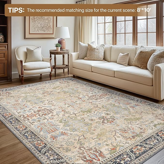 Bavni 6x9 Area Rugs Boho Washable Rugs for Living Room Non-Slip, Ultra Thin Low Pile Vintage Rug for Bedroom Dinning Room Office, Modern Farmhouse, Ivory/Teal