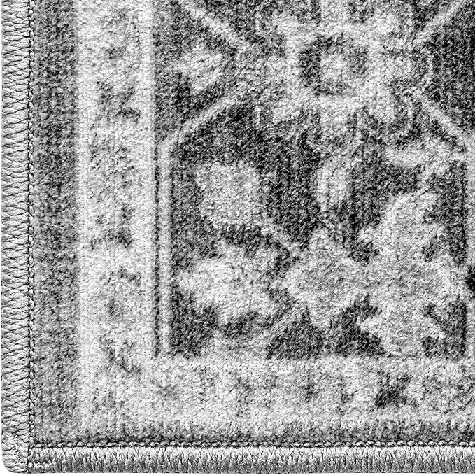DEXI 8x10 Area Rug for Living Room, Washable Vintage Farmhouse Thin Rug Indoor Floor, Non Slip Stain Resistant Low Pile Carpet for Dining Room Bedroom Office, White Grey