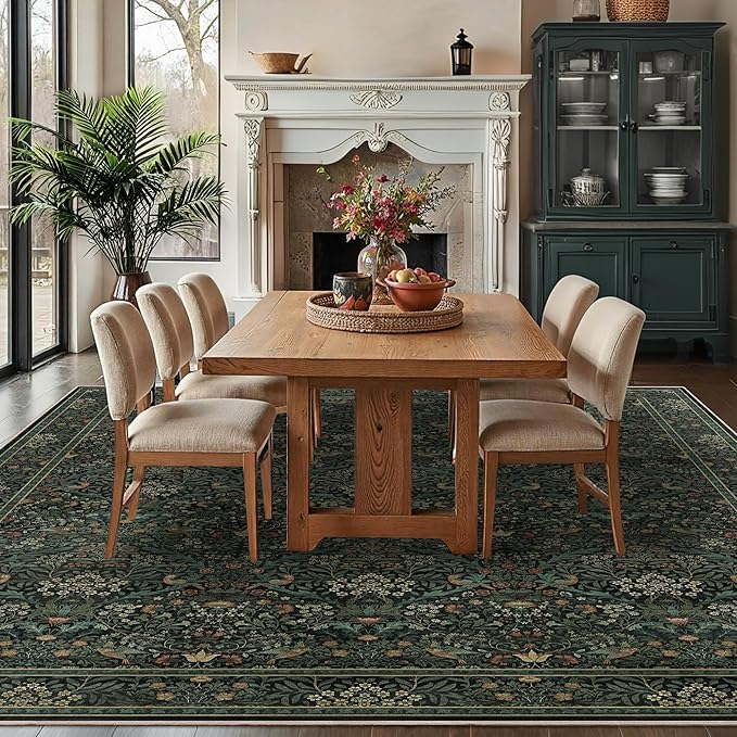 9x12 Floral Washable Area Rug for Living Room, Vintage Boho Large Rug for Bedroom Dining Room， Distressed Botanical Birds Non Slip Low Pile Forest Animal Throw Carpet for Farmhouse Office, Dark Green