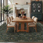 8x10 Floral Washable Area Rug for Living Room, Vintage Boho Rug for Bedroom Dining Room， Distressed Botanical Birds Non Slip Low Pile Forest Animal Throw Carpet for Farmhouse Office, Dark Green