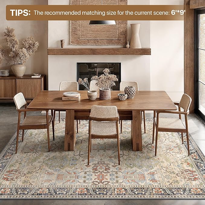Bavni Area Rugs 8x10 Clearance, Rugs for Living Room, Machine Washable Rug Lightweight Low Pile, Chenille Non Slip Rug Boho Print Decorative Carpet for Bedroom Dinning Room, Ivory/Teal