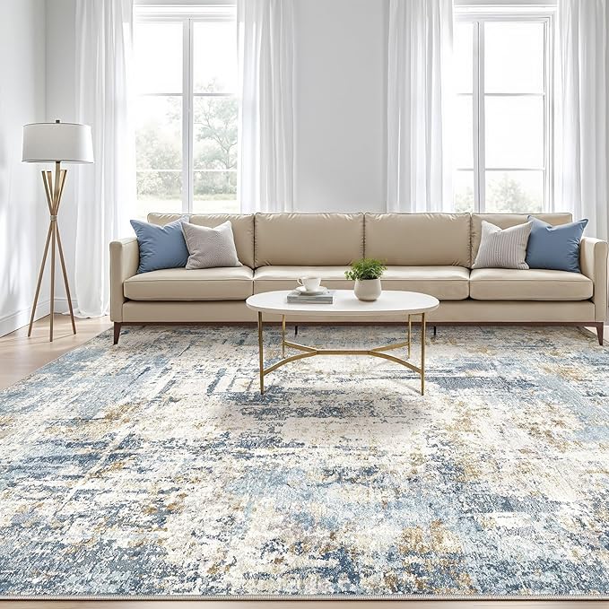 10x13 Area Rug Living Room: Washable Large Abstract Modern Soft Rugs Stain Resistant Indoor Floor Non Slip Accent Carpet for Bedroom Nursery Playroom Office Dining Room Dorm Home House- Light Blue