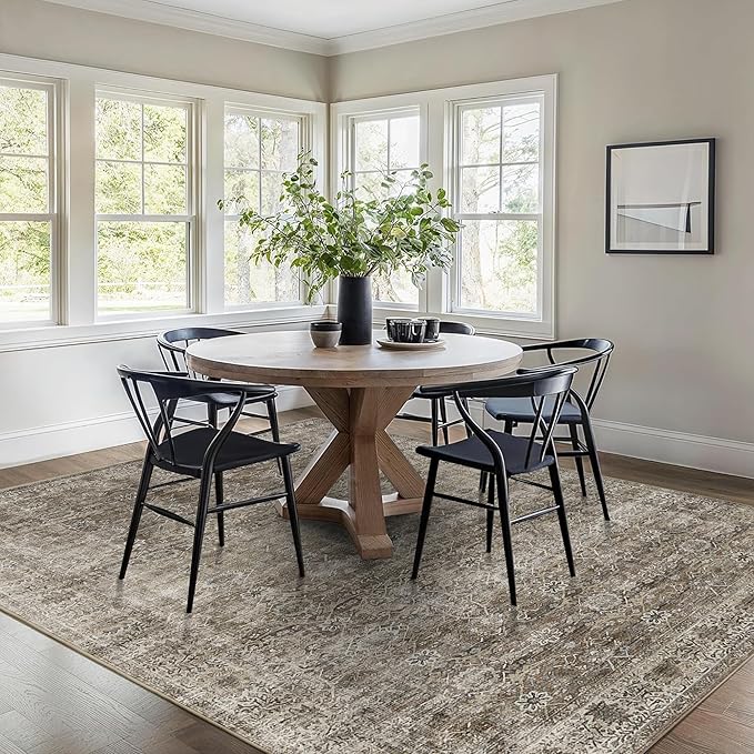 5x7 Washable Rug for Living Room Large Vintage Distressed Bedroom Rug Low Pile Non-Slip Soft Boho Carpets for Bedroom Dining Room Home Office Indoor Nursery Antique/Moss