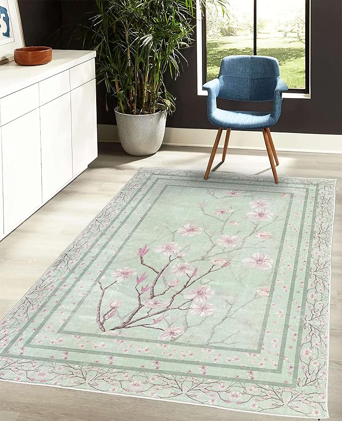 Ambesonne Apple Blossom Decorative Rug, Flowers and Blooming Spring Season Branches Nature Garden Romance, Quality Carpet for Bedroom Dorm and Living Room, 4' X 5' 5", Mint Green and Pink
