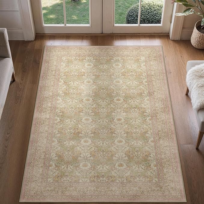 Bavni 4x6 Vintage Floral Rug, Washable Non Slip Area Rug for Entryway, Bedroom, Kitchen or Living Room, Low Pile Carpet, Brown Pink