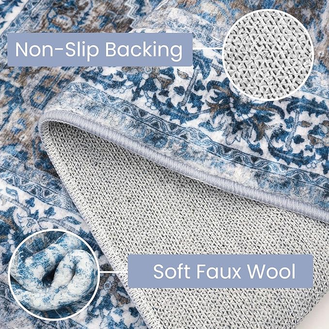 KOZYFLY Runners for Hallways 2x8 Ft Washable Kitchen Runner Rug Boho Runner Rug for Entryway Indoor Blue Printed Oriental Faux Wool Floor Carpet Runner for Bedroom Kitchen Hall