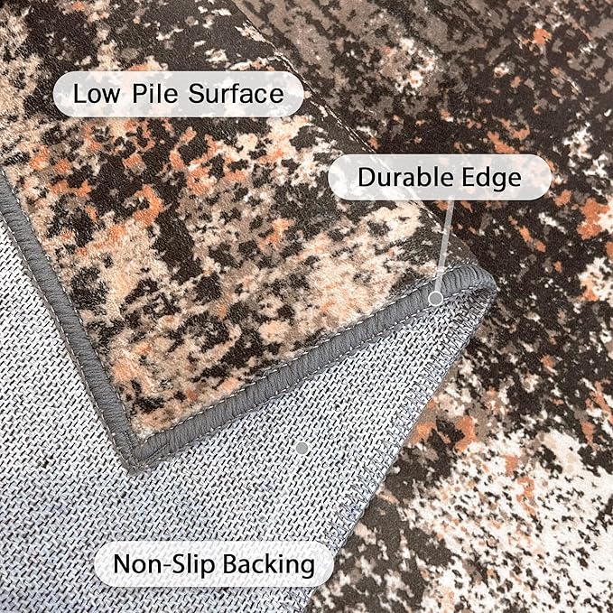 GENIMO Washable Area Rugs for Living Room, 6x9 Vintage Non Slip Rugs, Low Pile Lightweight Soft Print Rug for Bedroom, Dining Room, Home Office, Brown Orange
