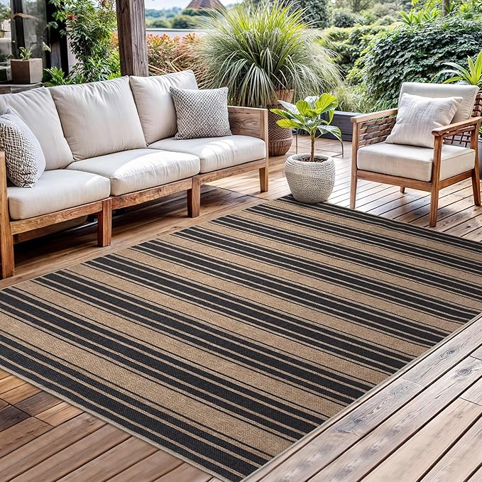 Striped Easy Jute Rug 5x7 Outdoor Patio Rug Washable Area Rugs for Living Room Bedroom Non Slip Neutral Farmhouse Indoor Outdoor Carpet for Backyard Patio Office