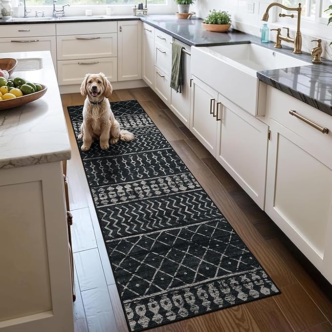 2x6 Machine Washable Runner Rug, Kitchen Hallway Area Rug, Black Vintage Moroccan Rug Ultra Non-Slip Low Pile Soft Faux Wool Carpet, Kids and Pets Friendly for Bedroom Entryway Bedside Decor Rug