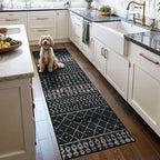 2x6 Machine Washable Runner Rug, Kitchen Hallway Area Rug, Black Vintage Moroccan Rug Ultra Non-Slip Low Pile Soft Faux Wool Carpet, Kids and Pets Friendly for Bedroom Entryway Bedside Decor Rug