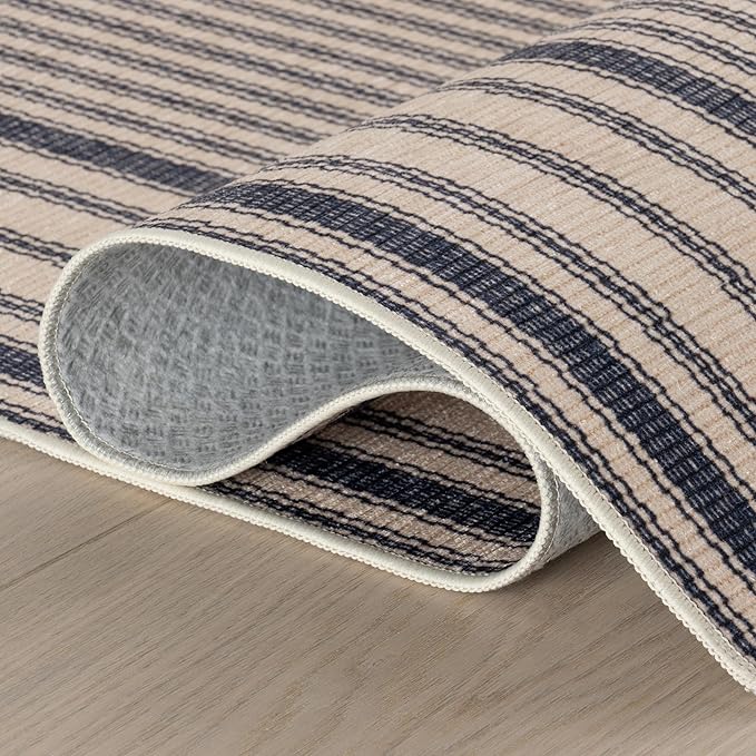 Dash & Albert Axiom Navy Machine Washable Rug, 4 X 6 Feet, Blue/Ivory Stripe Pattern