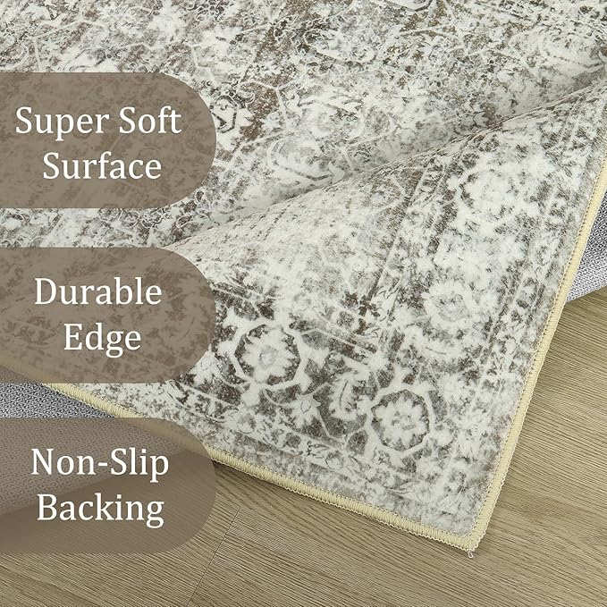 Morebes Vintage Long Bathroom Runner Rug, Washable Entryway Rugs Indoor Non Slip,Soft Distressed Doormat Indoor Entrance Throw Rug Kitchen Sink Mat Floor Carpet Runner, Brown