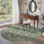 6ft Round Washable Area Rugs for Living Room, Vintage Boho Large Rug for Bedroom Dining Room Office, Distressed Floral Print Carpet for Under Table, Soft Non Slip Low Pile Throw Indoor Mat, Green
