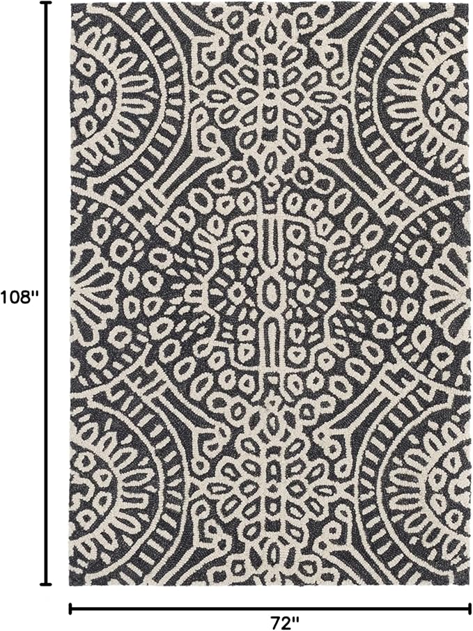 Dash & Albert Temple Charcoal Hand Micro Hooked Wool Rug, 6 X 9 Feet, Grey Geometric Pattern