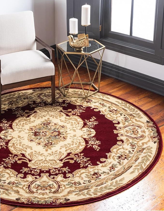 Rugs.com Chateau Collection Rug – 7' Round Red Medium Rug Perfect for Kitchens, Dining Rooms