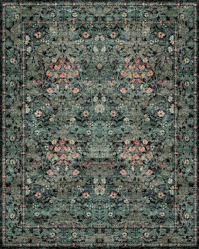 Boho Dark Green Floral Area Rug 8x10 for Living Room, Washable Farmhouse Moody Rug for Bedroom, Dining Room Under Table, Cottage Core Distressed Low Pile Non Slip Carpet, Soft Large Mat