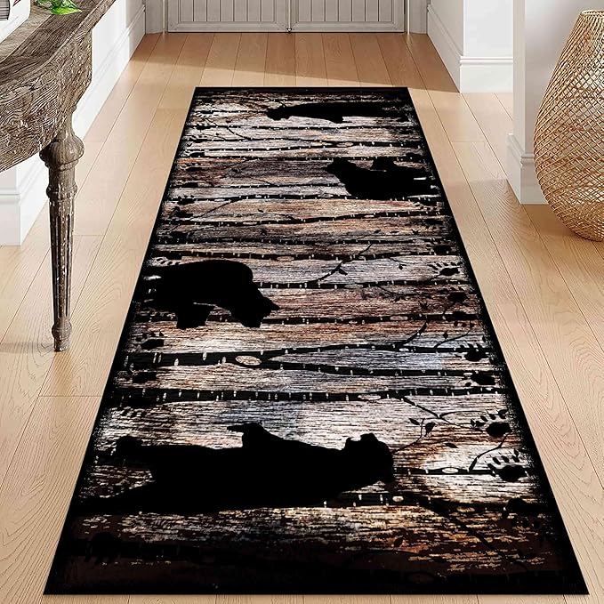 Wildlife Bear Runner Rug, 2x10ft, Vintage Wood Grain Wild Animal Black Bear Corridor Carpet, Non-Slip Washable Long Runner Rug for Farmhouse, American Country Wood Floor Entrance Rug Door Mat
