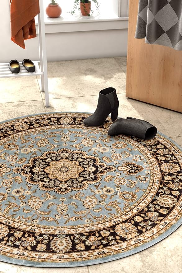 Well Woven Barclay Collection Medallion Kashan Light Blue 8 ft Round Rug - for Living Room, Bedroom, and Dining Room