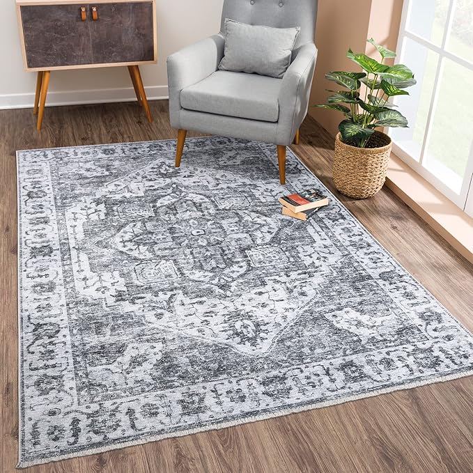 Bloom Rugs Caria Washable Non-Slip 6x9 Rug - Silver/Dark Gray Traditional Area Rug for Living Room, Bedroom, Dining Room, and Kitchen - Exact Size: 6' x 9'