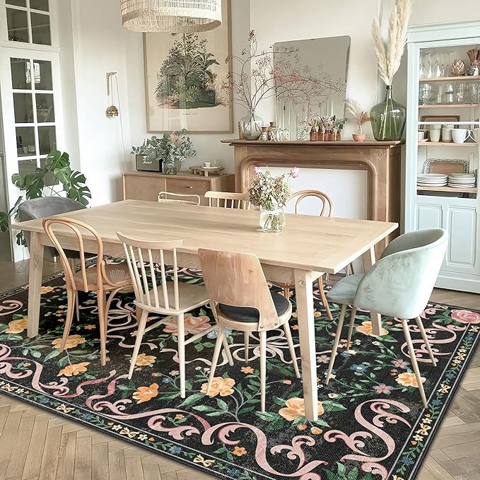 Black Rug Bow Floral 8x10 Rug, Washable Area Rugs for Bedroom Living Room, Dining Room,Kids Room, Office,Playroom, Boho Modern Aesthetic Farmhouse Decor Non Slip Low Pile Carpet