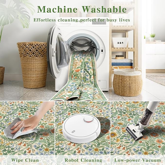 Floral Washable 6x9 Area Rug，Grass Green Boho Rugs for Living Room, Soft Low-Pile Non-Slip Stain Resistant & Non-Shedding Carpet for Bedroom, Dining Room, Office, Entryway, Nursery