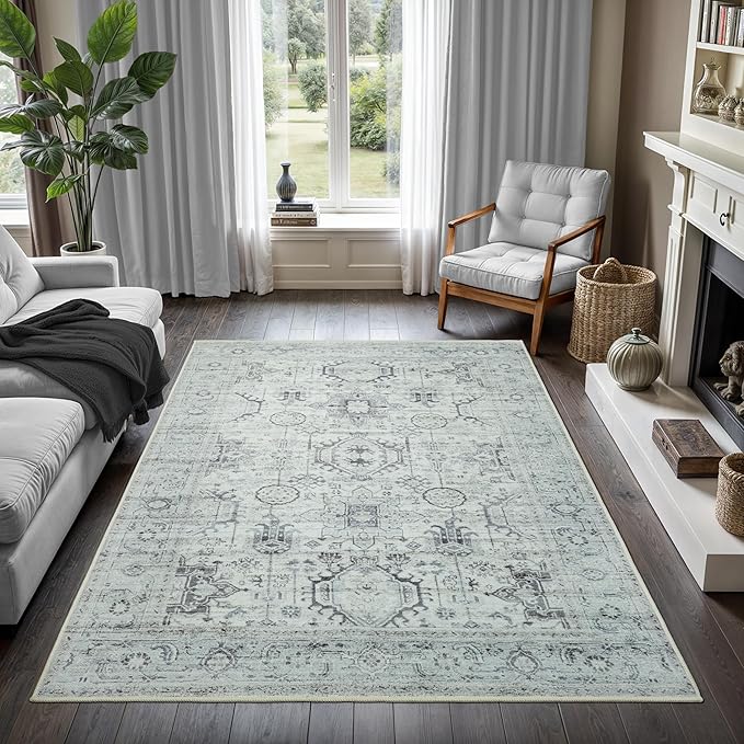 GLN Rugs Traditional Collection - Machine Washable Area Rug, Traditional Washable, Non Slip, Low Pile Chenille Rug, Living Room, Bedroom, Kitchen Rug (3' x 5' Cream/Gray/Sea Salt)