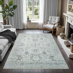 GLN Rugs Traditional Collection - Machine Washable Area Rug, Traditional Washable, Non Slip, Low Pile Chenille Rug, Living Room, Bedroom, Kitchen Rug (3' x 5' Cream/Gray/Sea Salt)