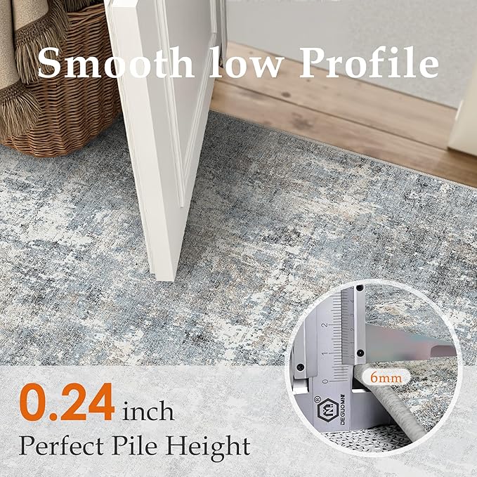 Machine Washable Area Rug 8x10 Grey Large Living Room Indoor Accent Rug Neutral Modern Abstract Low Pile Carpet Non Slip Distressed Throw Rug Bedroom Office Dining Room