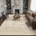 HUGEAR 8x10 Washable Area Rug Beige Vintage Neutral Living Room Rug Large Soft Non Slip Distressed Carpet Low Pile Pet Friendly for Bedroom Dining Room