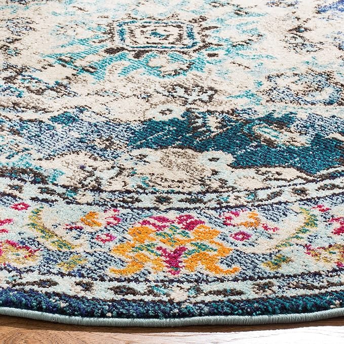 SAFAVIEH Monaco Collection Area Rug - 11' Round, Navy & Light Blue, Boho Chic Medallion Distressed Design, Non-Shedding & Easy Care, Ideal for High Traffic Areas in Living Room, Bedroom (MNC243N)