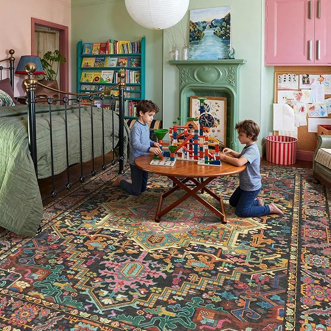 Kokia 9x12 Washable Black and Pink Area Rugs with Vintage Orient Design, Soft Rug for Living Room or Bedroom, Non-Slip Low Pile Stain Resistance Features, Distressed Medallion Pattern