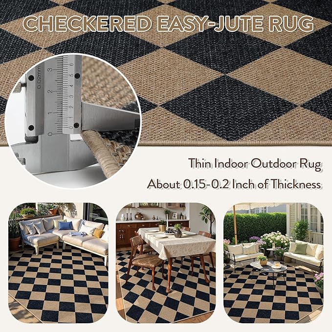 Lahome Checkered Easy Jute Patio Rug, 6x9 Washable Indoor Outdoor Rug, Farmhouse Neutral Non Slip Non Shedding Low Pile Floor Carpet for Deck Living Dining Room Office Mudroom