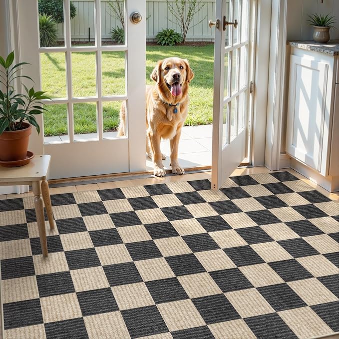 LIVEBOX 4x6 Washable Area Rug Checkered, Non-Slip Small Entryway Rug Black Farmhouse Neutral Classic Geometric Boys Rug for Bedroom Living Room Low-Pile Carpet for Indoor Kitchen Bathroom(Black 4'x6')