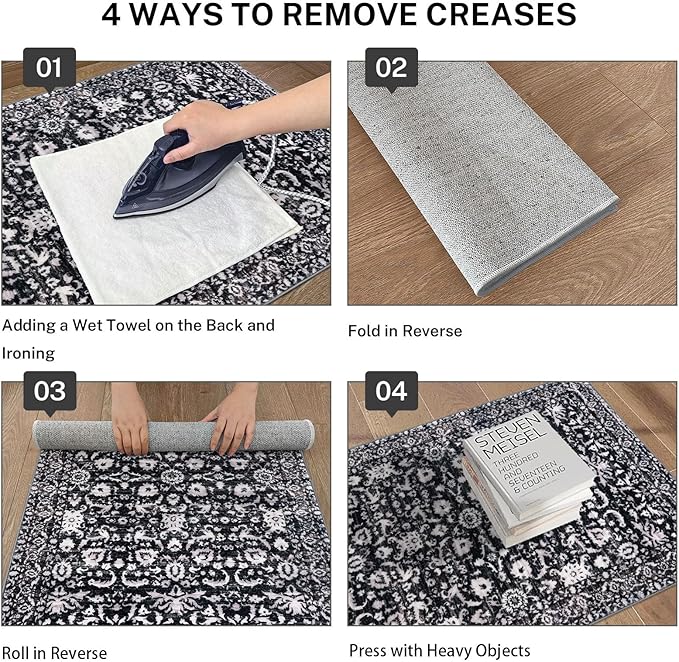 Vintage Floral 3x5 Rug, Black and White Entryway Rug Small Area Rug Washable Non-Slip Throw Rug, Thin Printed Faux Wool Low-Pile Kitchen Rugs Super Soft Capet for Entrance Bedroom Office
