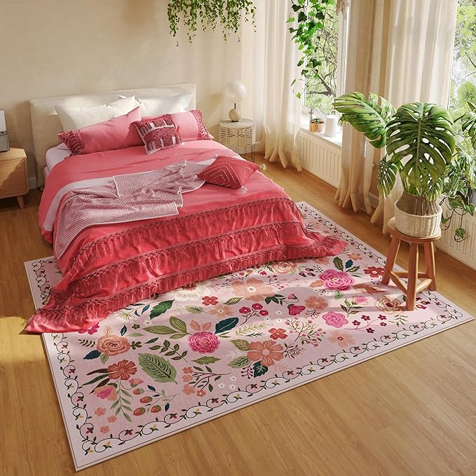 Rugcomf Area Rugs 8x10 Rug for Living Room Clearance Washable Boho Area Rug Non Slip Floral Vintage Low Pile Large Rug for Living Room, Bedroom, Farmhouse, Dining Room, Kids Playroom(Pink)