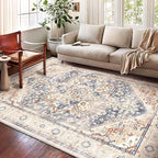 Washable Area Rug 10'x14' Blue Khaki Retro Flowers Boho Design Non-Shedding Easy Care Ideal for High Traffic Areas in Living Room Bedroom Office Coffee Table Kitchen Large Carpet