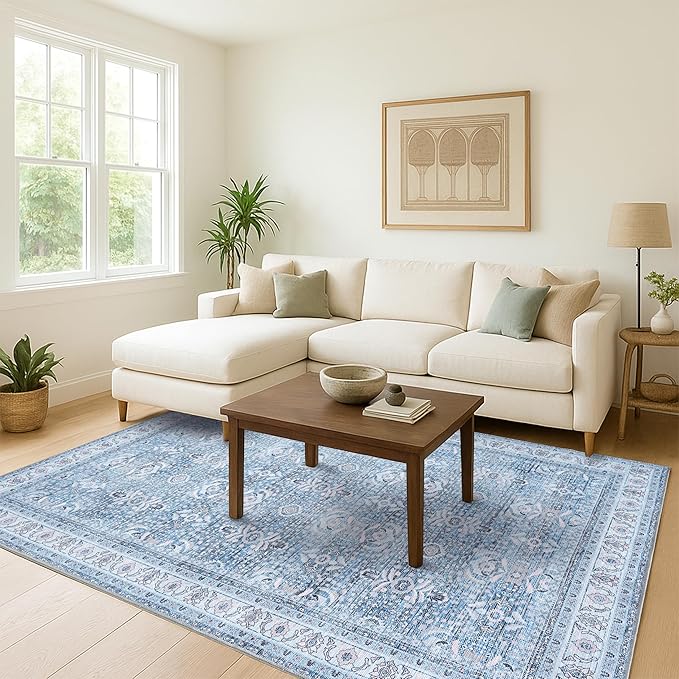 Fame Living Washable Area Rug. Modern Farmhouse. Vintage. Turkish. Bohemian. Distressed. Oriental. Traditional. Rugs for Living Room. Dining. Bedroom. Office. Entryway. Foyer. (866CBl, 9' x 12')