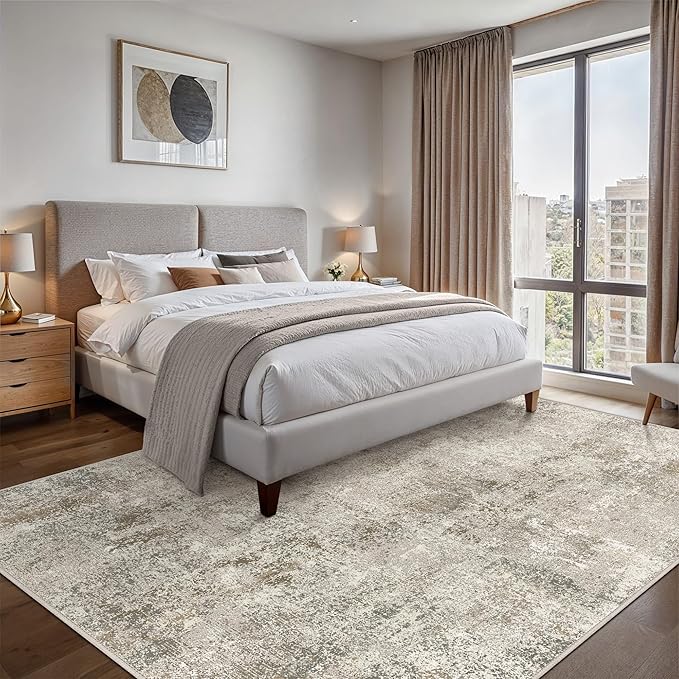 Washable Rug 5x7 Area Rug for Living Room Bedroom, Large Modern Abstract Rug Indoor Floor Carpets Low Pile No Shed Non-Slip with Rubber Backing Dining Room Kitchen Office (Gray&Beige, 5'x7')