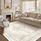 Area Rug 8x10 Cream Washable Living Room Beige Carpet Non Slip Vintage Medallion Indoor Bedroom Beige Carpet Low Pile Soft Retro Distressed Large Rug Home Office Dining Room Playroom