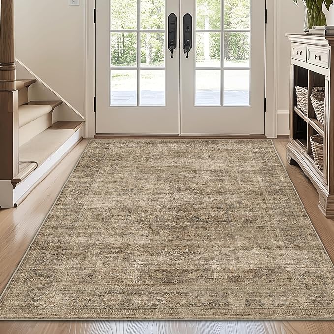 FMFUNCTEX 4x6 Washable Area Rug Neutral Vintage Brown Distressed Non Slip Low Pile Traditional Indoor Carpet for Entryway Living Room Bedroom Soft Retro Throw Rug for Dining Office Kitchen Entryway