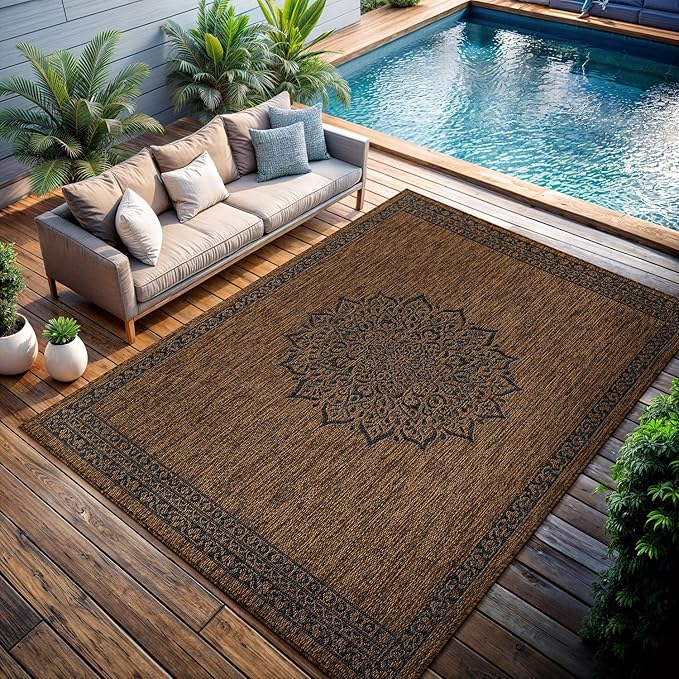 CAMILSON Outdoor Rug 5x7 Medallion Gold Modern Area Rugs for Indoor and Outdoor Patios Kitchen and Hallway Mats Washable Porch Deck Outside Carpet (Medallion Gold 5 x 7)