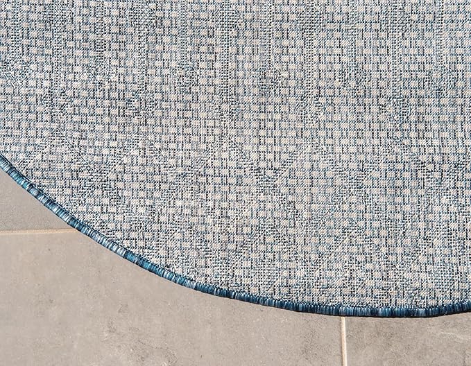 Unique Loom Outdoor Trellis Collection Area Rug - Tribal Trellis (10' Round, Blue/ Ivory)