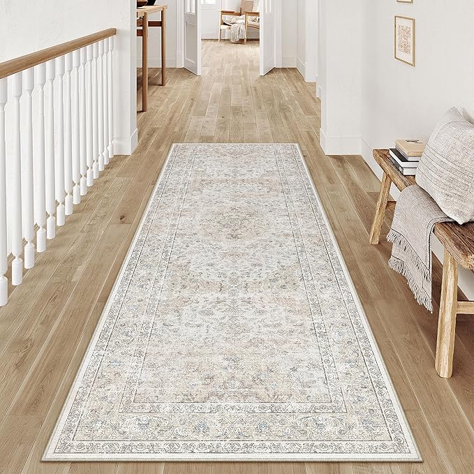 2x5 Washable Vintage Runner Rug for Living Room Bedroom Beige Grey Soft Tranditional Non Slip Runner Rug Lightweight Floral Low Pile Distressed Carpet Hallway Kitchen Bedroom