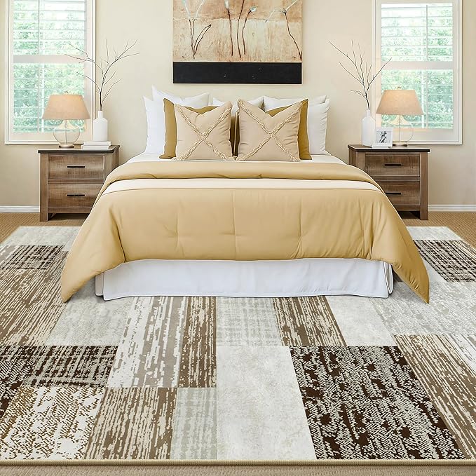 Large Area Rugs,Modern Geometric Patchwork Floor Decor for Bedroom Aesthetic Carpet, Rockwood Collection, Indoor Rugs for Living Room, Dining Room, Nursery, Office, Machine Washable Rug,9x12 Ft Beige