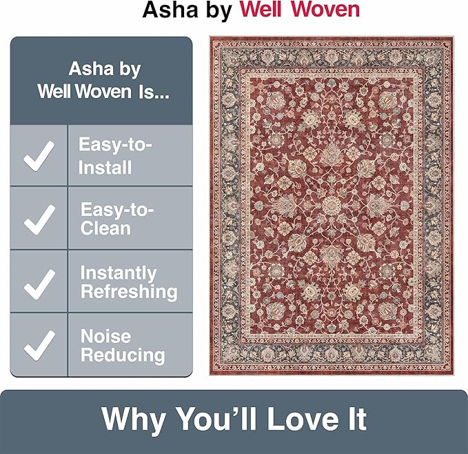 Well Woven Asha Rome Red 9'10" x 13' Area Rug - Oriental Floral Pattern, Easy Clean, Floor-Friendly Backing - for Living Room, Bedroom, and Dining Room
