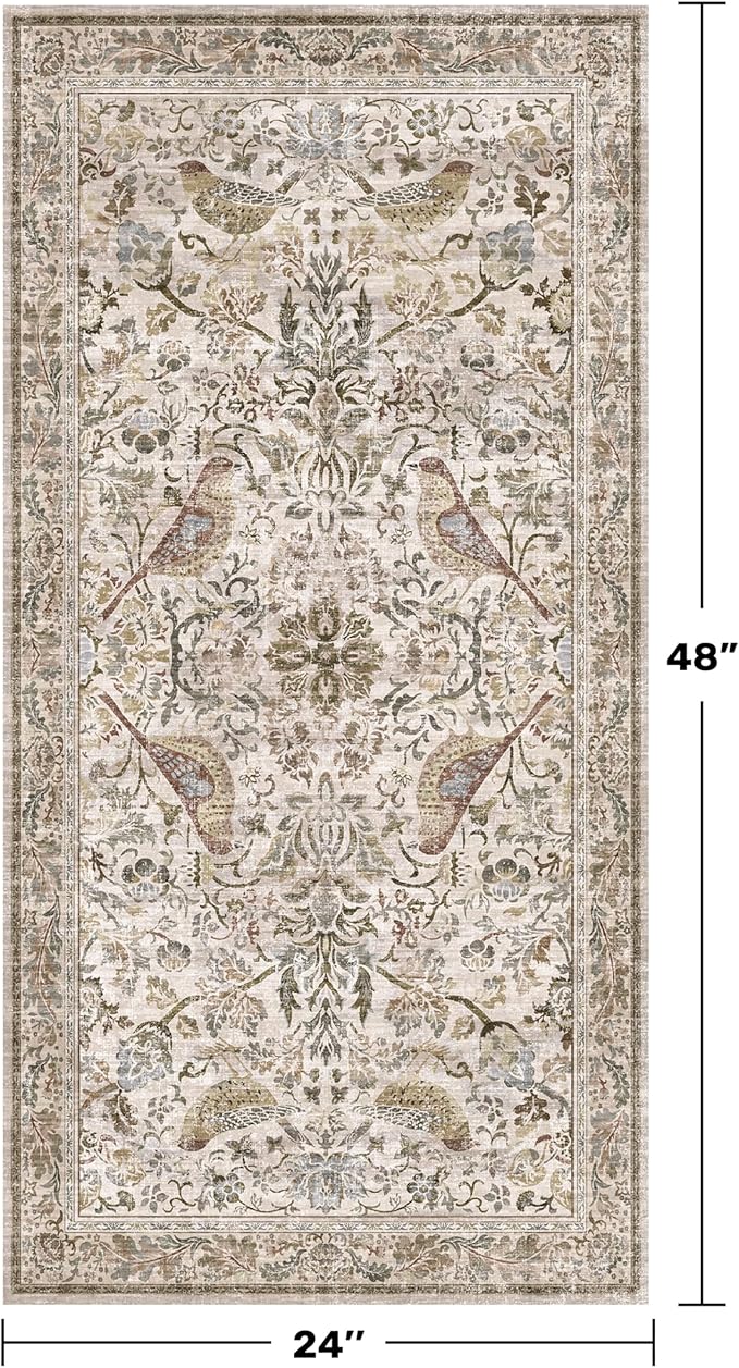 Boho Moss 2x4 Small Rugs for Entryway, Vintage Washable Low Pile & Soft Throw Rugs for Kitchen, Bathroom - Classic Home Décor, Bird & Botanical Design Stain Resitant Non Slip Carpet