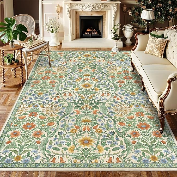 Floral Washable 6x9 Area Rug，Grass Green Boho Rugs for Living Room, Soft Low-Pile Non-Slip Stain Resistant & Non-Shedding Carpet for Bedroom, Dining Room, Office, Entryway, Nursery