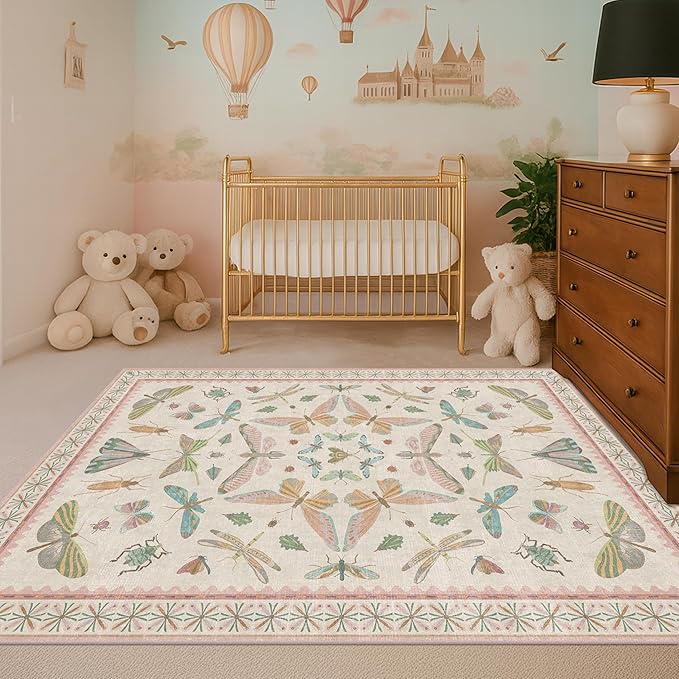 Flower Area Rug for Girls Bedroom - Washable 3x4 Light Pink Large Entryway Rug for Laundry Room, Kitchen, Bedroom, Dorm, Insect Print Vintage Floral Non-Slip Throw Rug Low Pile Stain Resistance