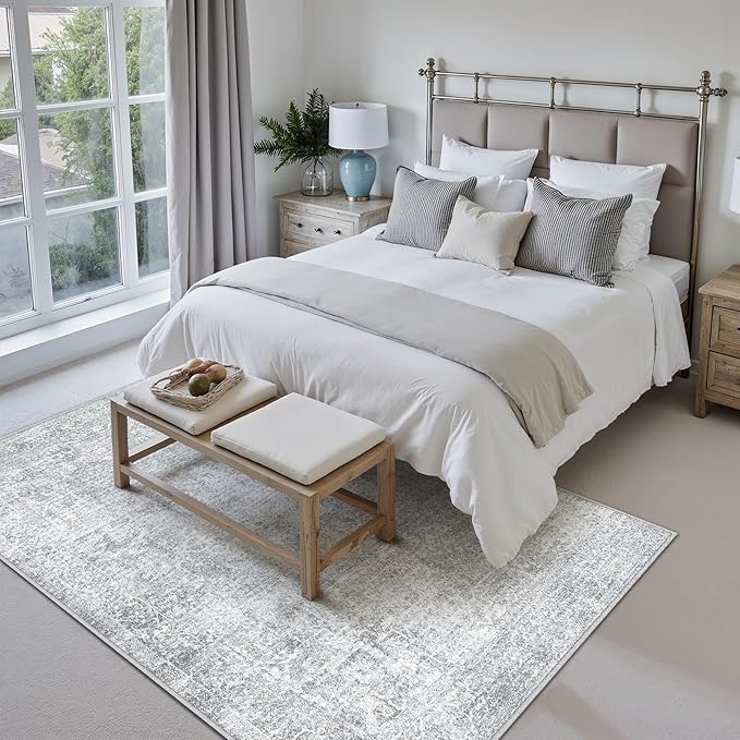 5x7 Area Rug Washable Vintage Living Room Carpet Large Indoor Non Slip Grey Bedroom Distressed Low Pile Retro Accent Throw Rug for Dining Room