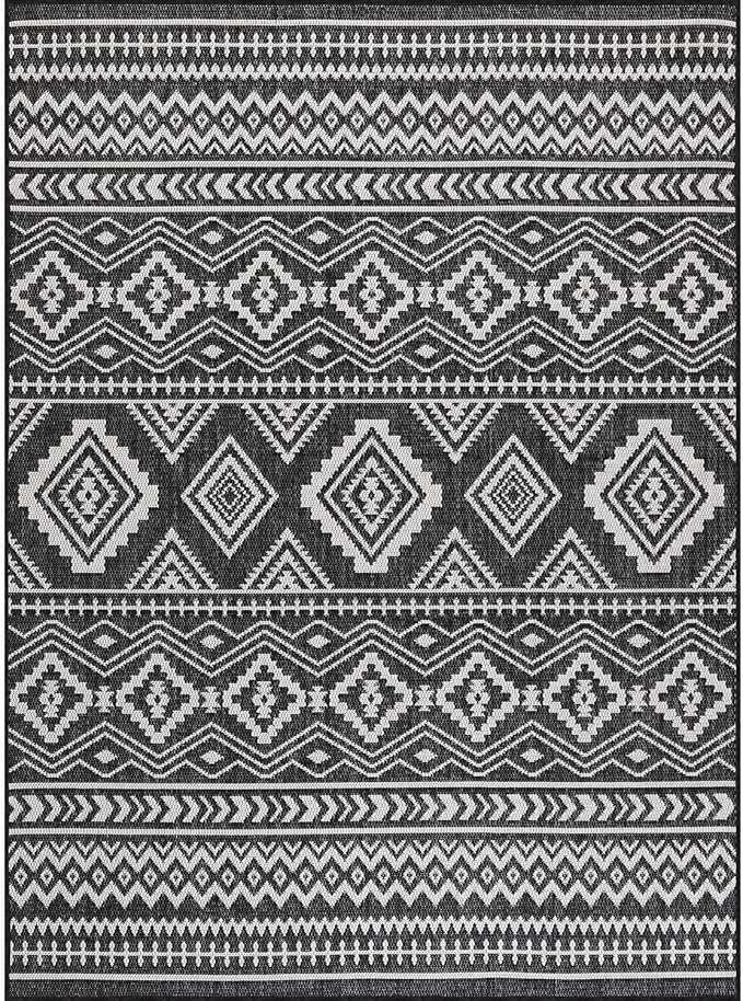 Beverly Rug Waikiki Boho Indoor Outdoor Rug 9x12, Washable Outside Carpet for Patio, Deck, Porch, Bohemian Area Rug, Farmhouse Rugs, Aztec Tribal Rug, Black and White